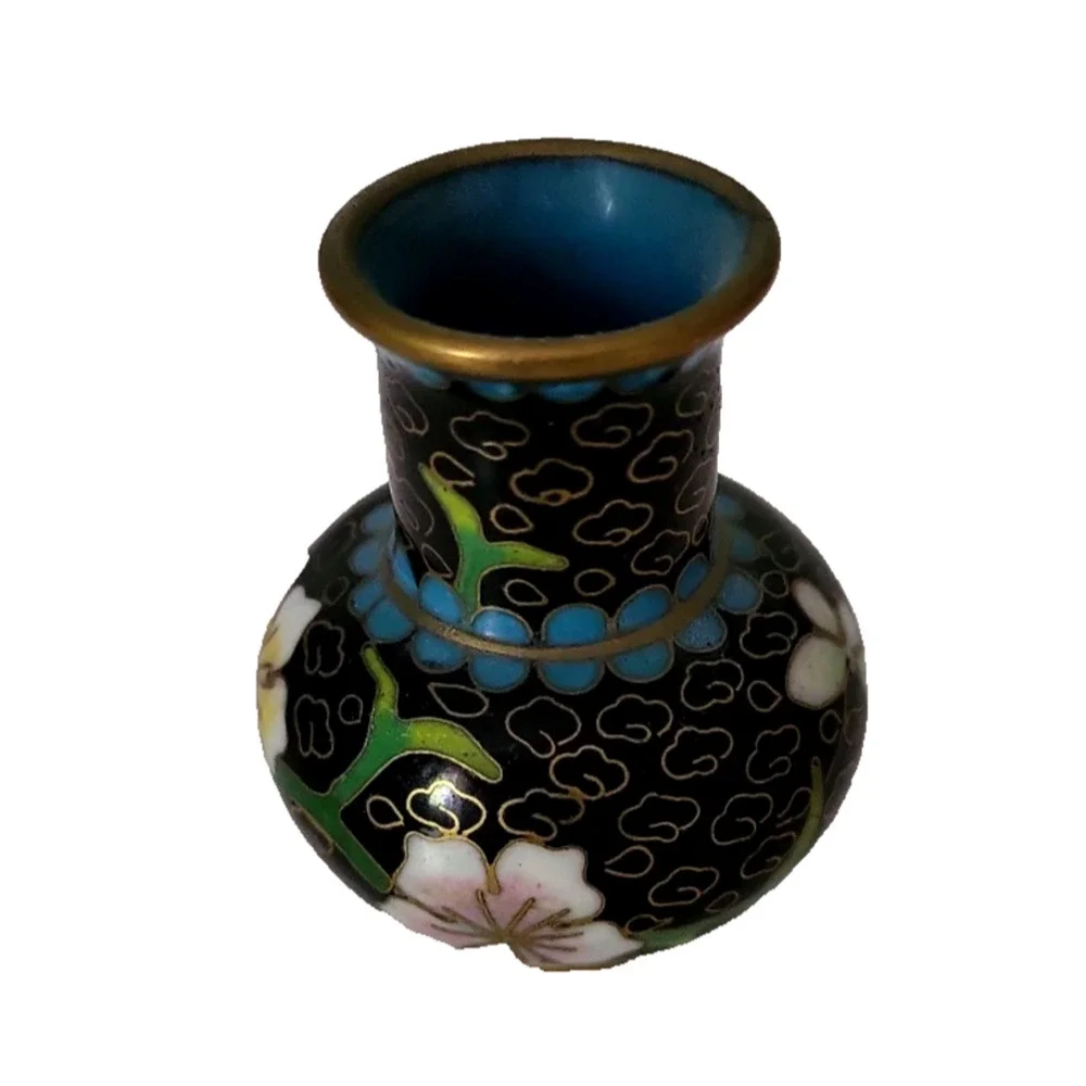 VINTAGE MINIATURE MINI CHINESE CLOISONNE VASE BLUE & PINK FLORAL 2